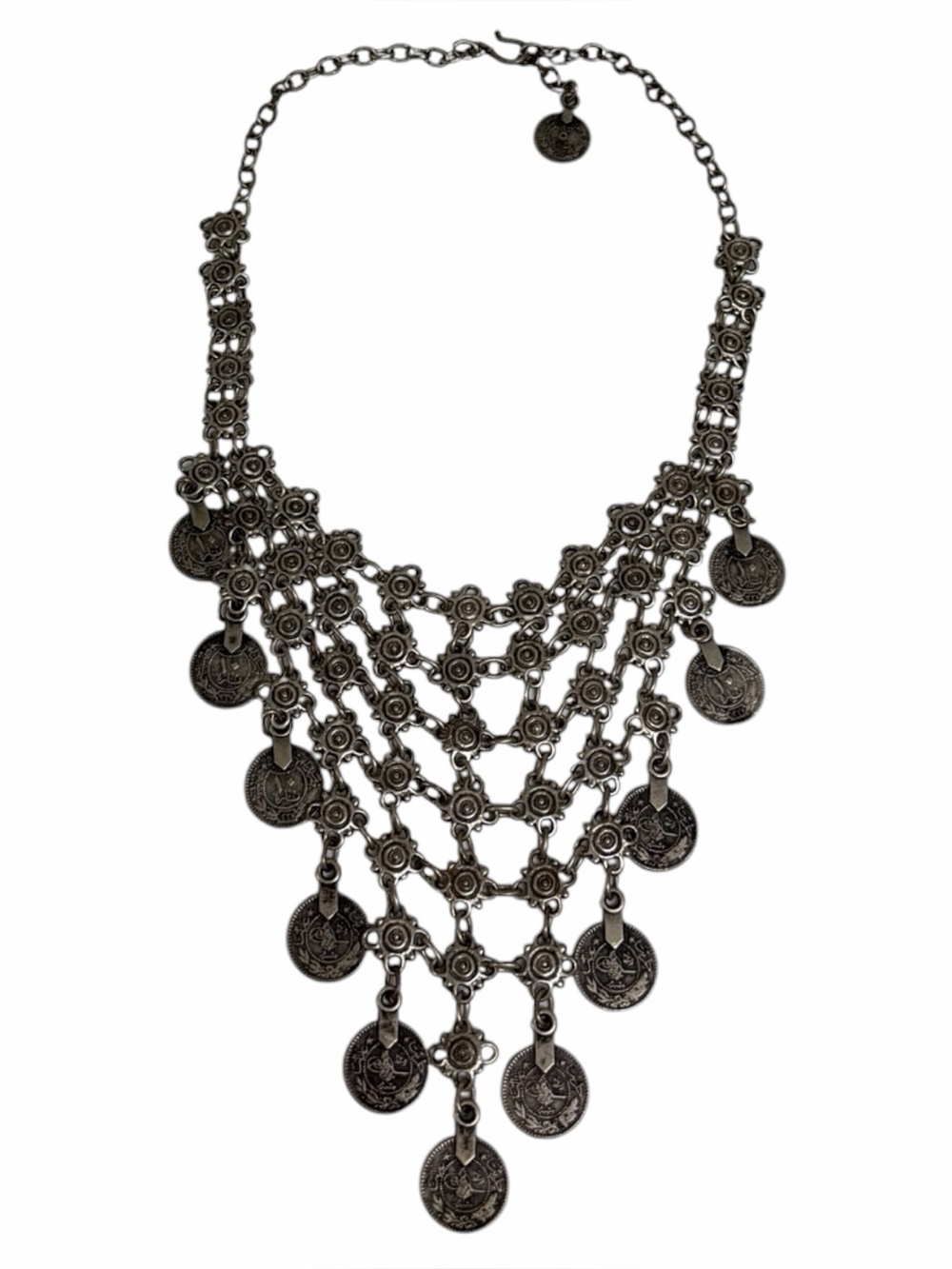 Handmade Silver Coin Coin Tribal Fringe Statement Bib Necklace